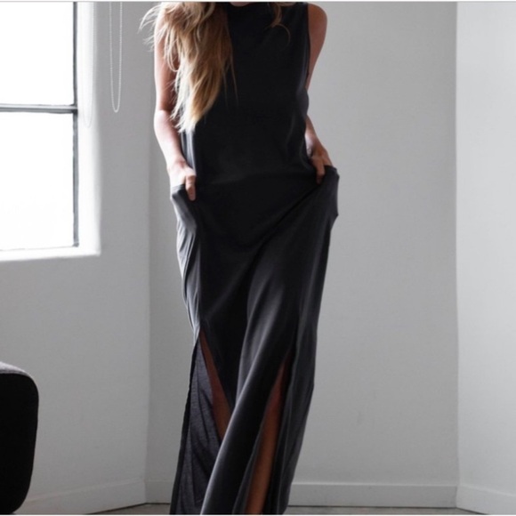 Lunya Cool Paneled Sleeveless Cotton Maxi Dress XS Charcoal Gray Slits - Picture 9 of 10